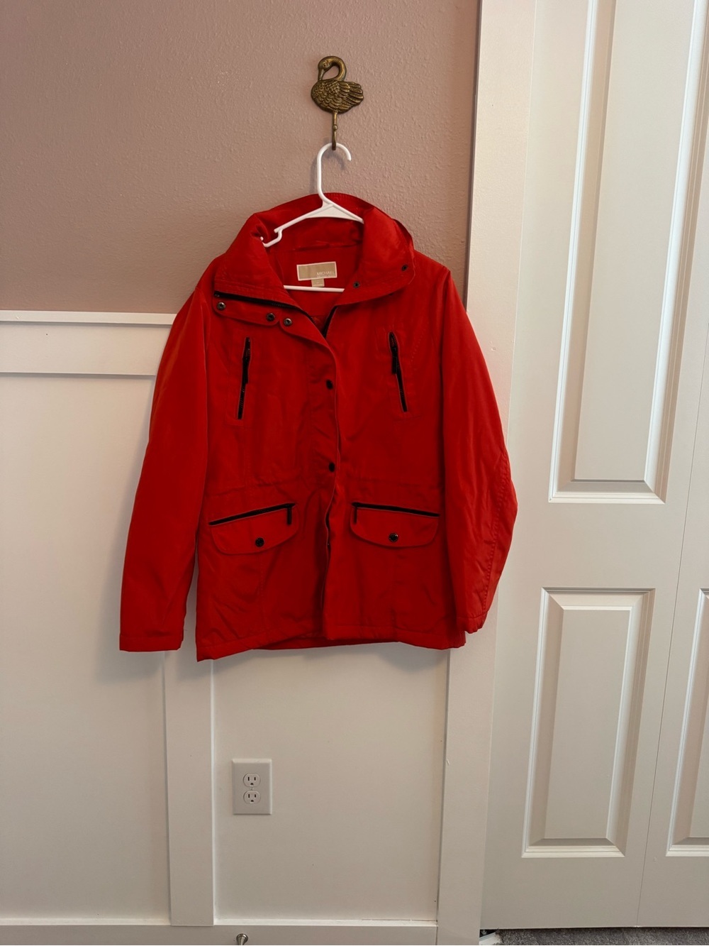 Michael Kors Red Hooded Water Resistant Cargo Rain Jacket